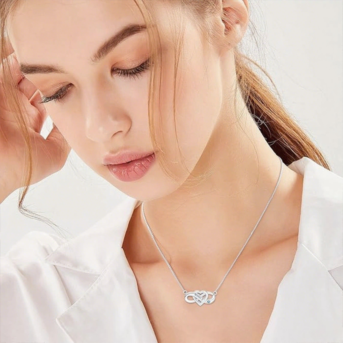 Sterling Silver Cubic Zirconia Personalized Birthstone & Engraving Infinity Symbol Pendant Necklace-2
