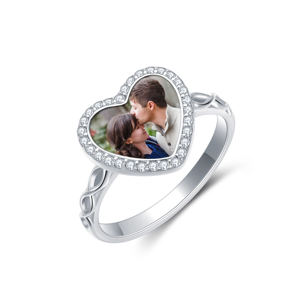 Sterling Zilveren Hart Cubic Zirconia Gepersonaliseerde Gravure Foto Ring Voor Vrouwen-1