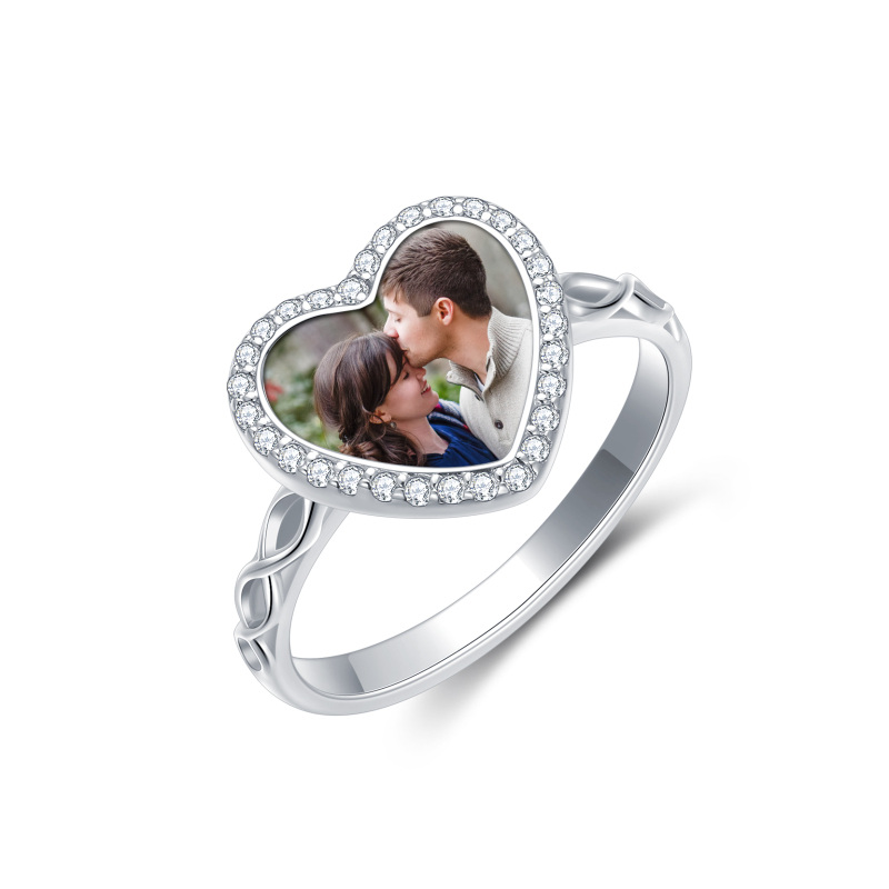 Sterling Silver Heart Cubic Zirconia Personalized Engraving & Photo Ring For Women-16