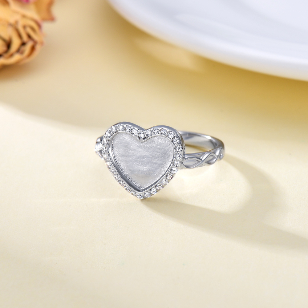 Sterling Zilveren Hart Cubic Zirconia Gepersonaliseerde Gravure Foto Ring Voor Vrouwen-3