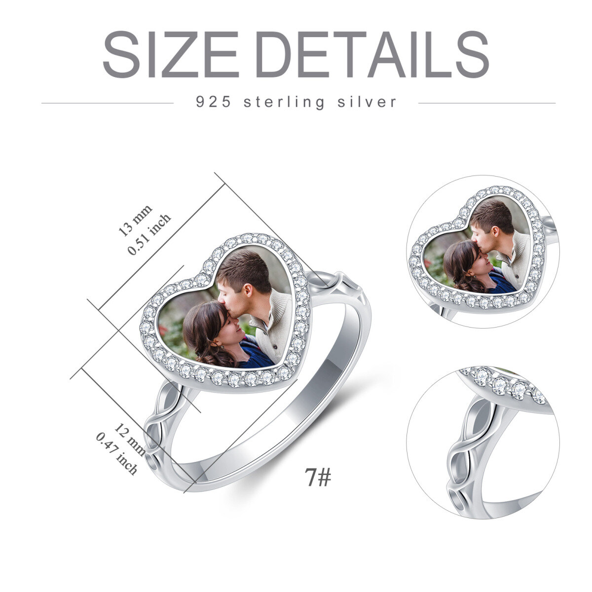 Sterling Silver Heart Cubic Zirconia Personalized Engraving & Photo Ring For Women-4