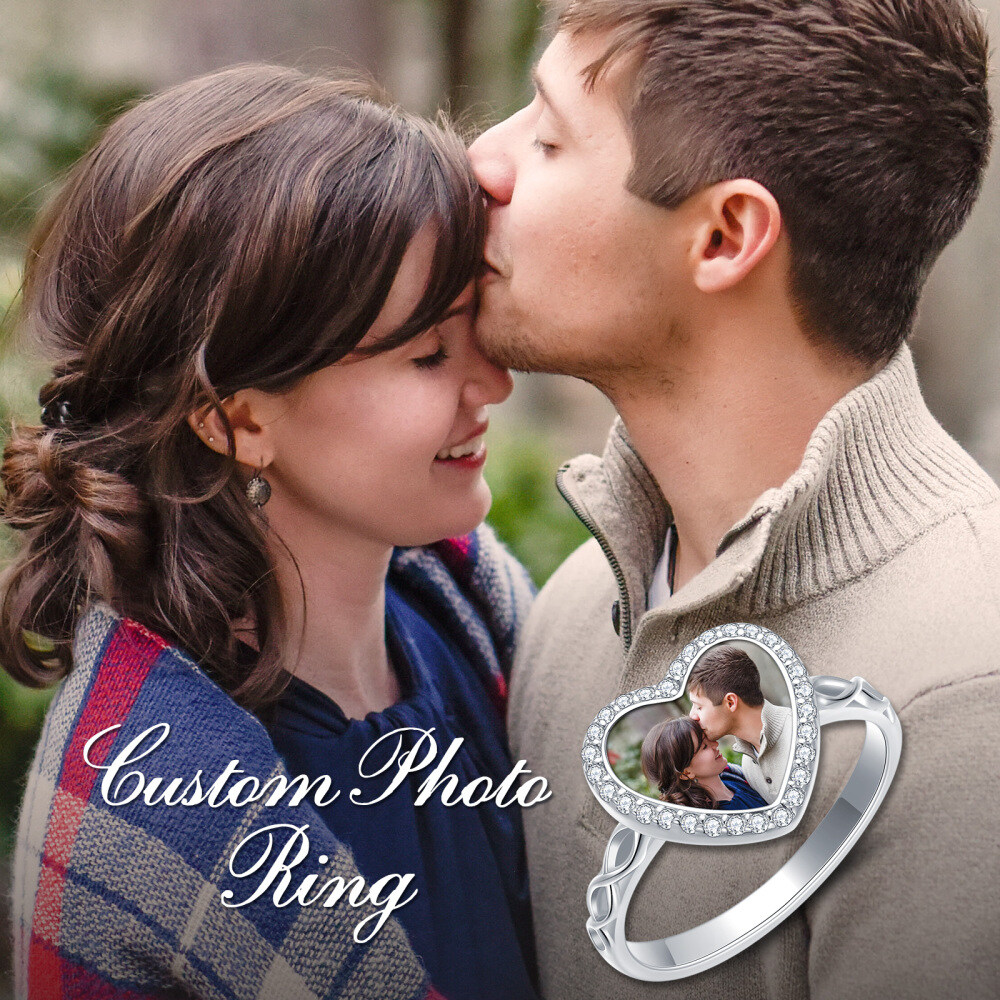 Sterling Zilveren Hart Cubic Zirconia Gepersonaliseerde Gravure Foto Ring Voor Vrouwen-5