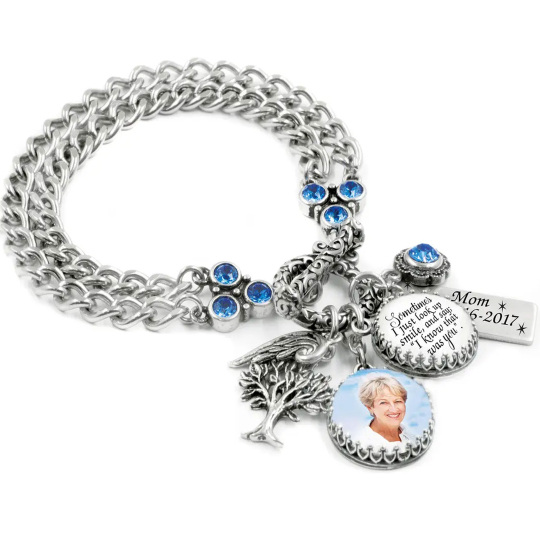 Sterling Silver Cubic Zirconia Personalized Birthstone Engraving Photo Charm Bracelet