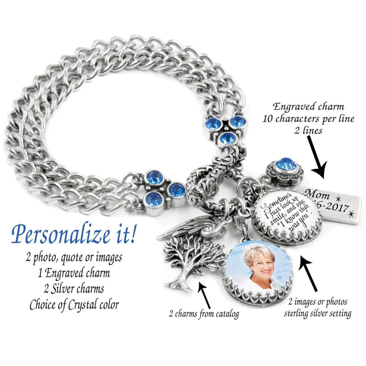 Sterling Silver Cubic Zirconia Personalized Birthstone Engraving Photo Pendant Bracelet-4