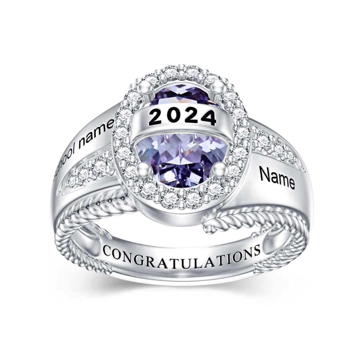 Anillo personalizado con grabado personalizado de piedra natal y circonita cúbica de plata de ley-1