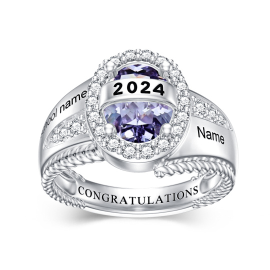 Sterling Silver Circular Cubic Zirconia Customize Birthstone Engraving Ring For Women Best Friends