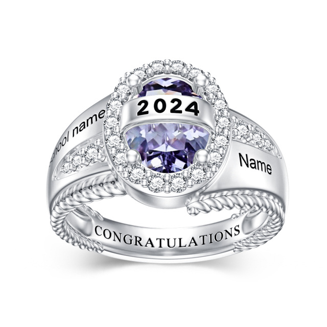 Sterling Silver Cubic Zirconia Personalized Birthstone & Personalized Engraving Ring-1