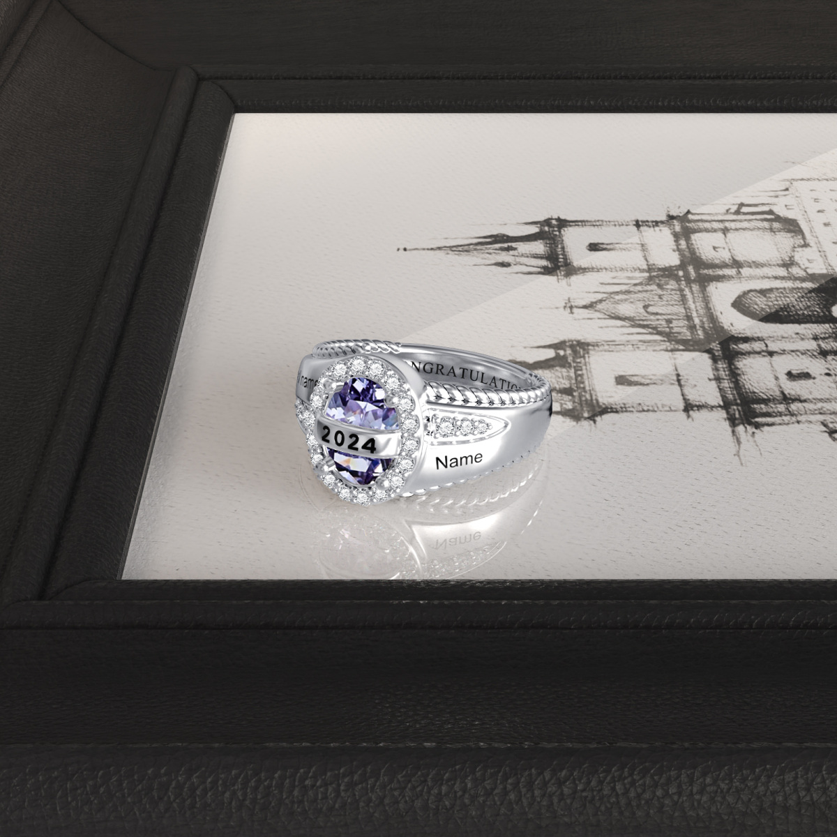 Sterling Silver Cubic Zirconia Personalized Birthstone & Personalized Engraving Ring-4