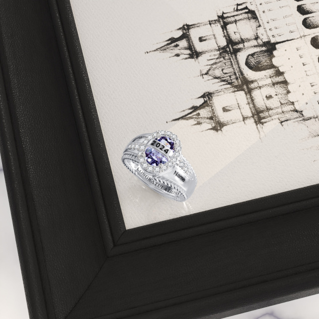 Anello con incisione personalizzata con pietra portafortuna in argento sterling con zirconi cubici-5