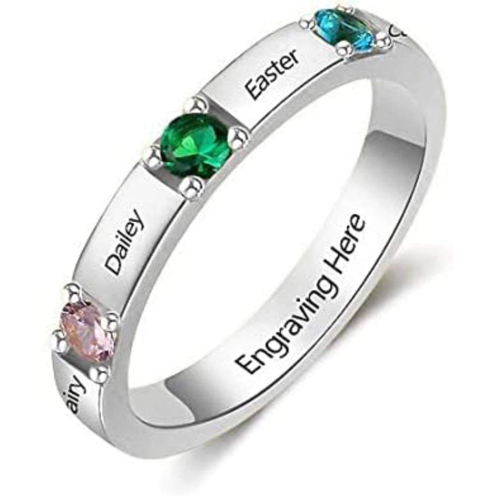 Sterling Silver Cubic Zirconia Personalised Birthstone Engraving Ring For Unisex-1