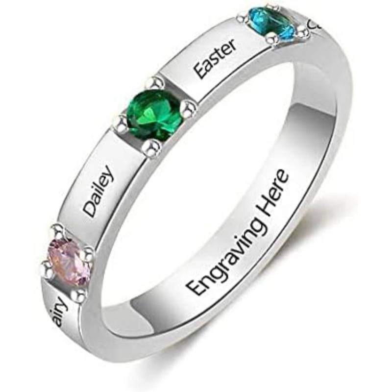 Sterling Silver Cubic Zirconia Personalised Birthstone Engraving Ring For Unisex-8