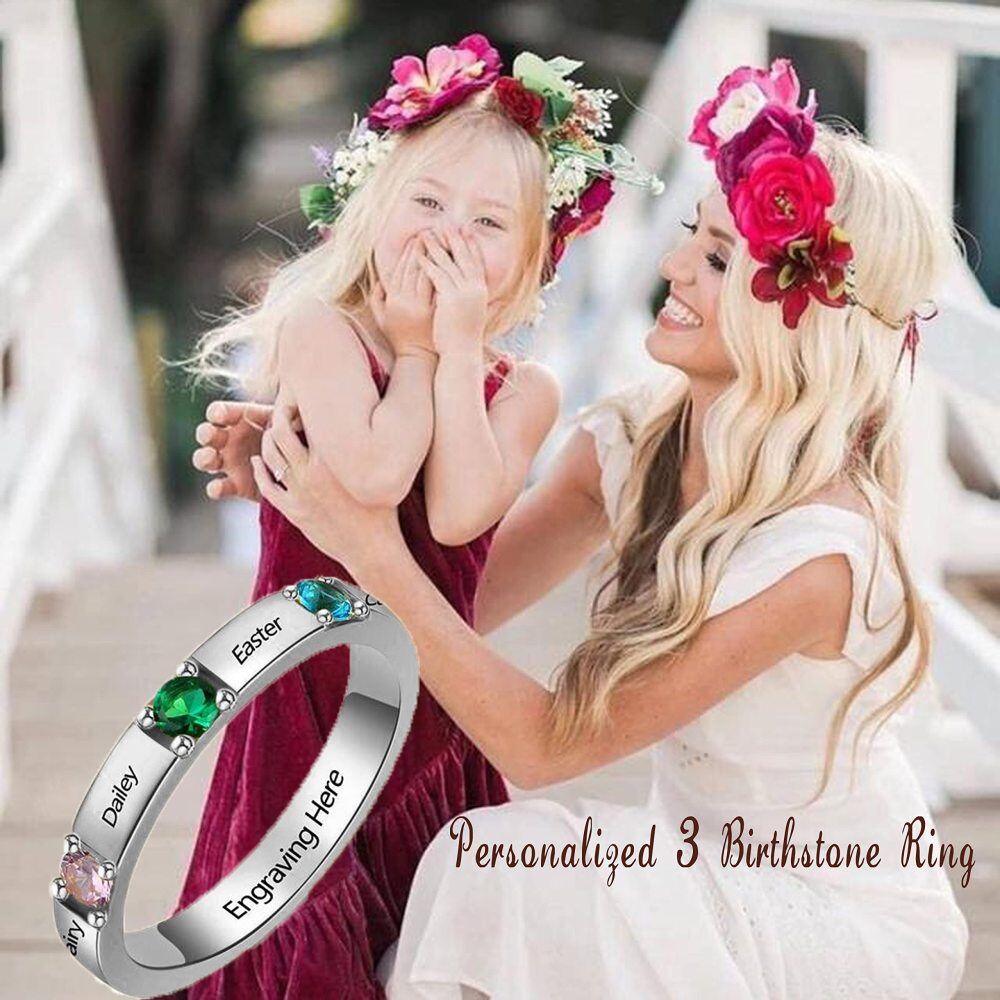 Sterling Silver Cubic Zirconia Personalised Birthstone Engraving Ring For Unisex-3
