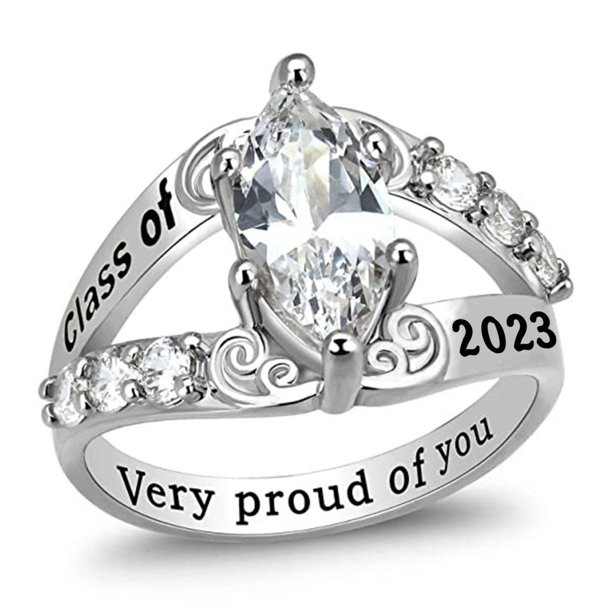 Sterling Silver Cubic Zirconia Personalised Birthstone Engraving Ring With Engraved Word For Unisex-1