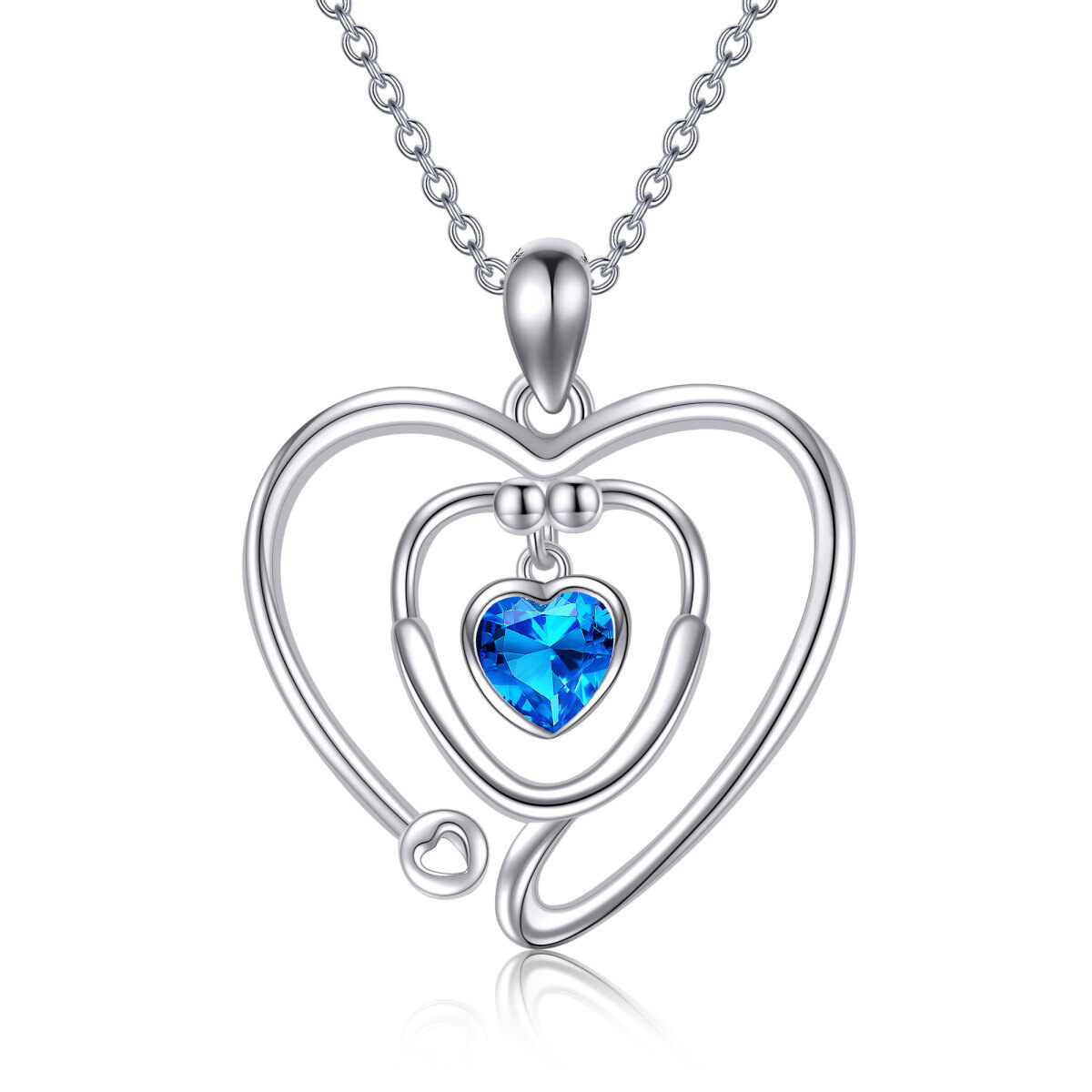 Sterling Silver Cubic Zirconia Personalized Birthstone & Heart & Stethoscope Pendant Necklace-1