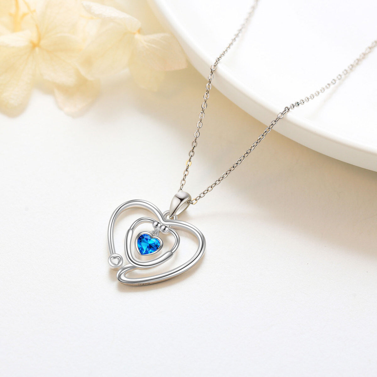 Sterling Silver Cubic Zirconia Personalized Birthstone & Heart & Stethoscope Pendant Necklace-3
