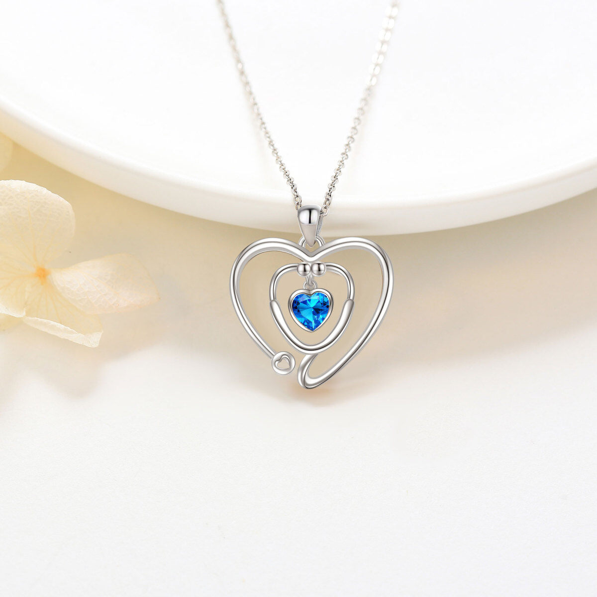 Sterling Silver Cubic Zirconia Personalized Birthstone & Heart & Stethoscope Pendant Necklace-4