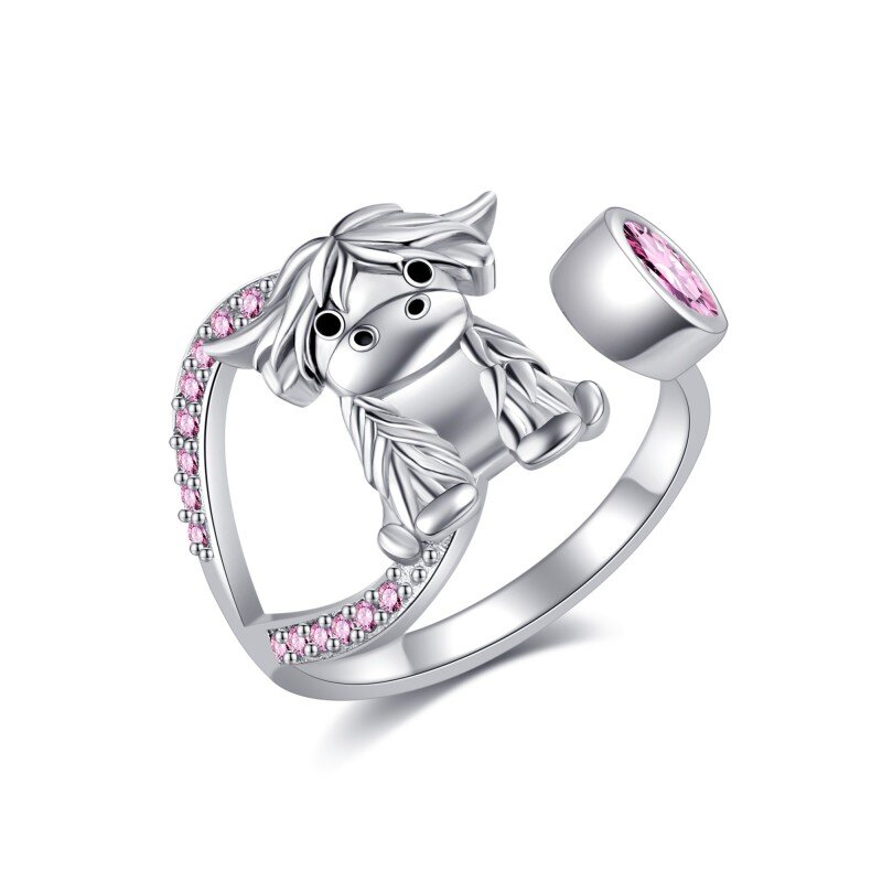 Gepersonaliseerde open ring met geboortesteen van sterlingzilver met een Highland Cow voor vrouwen-2