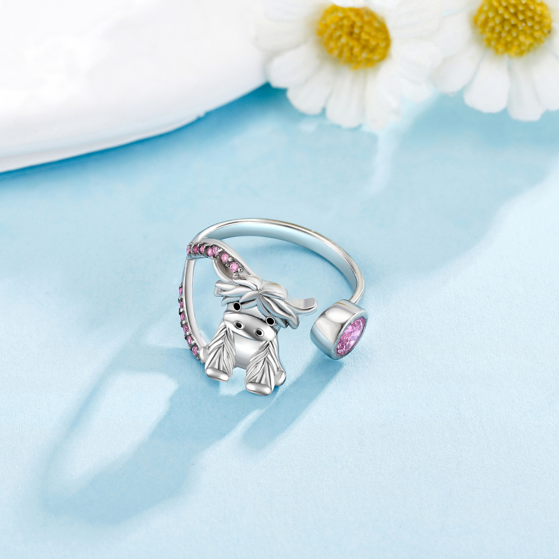 Anello aperto personalizzato in argento sterling con pietra portafortuna raffigurante una mucca delle Highlands, per donna-2