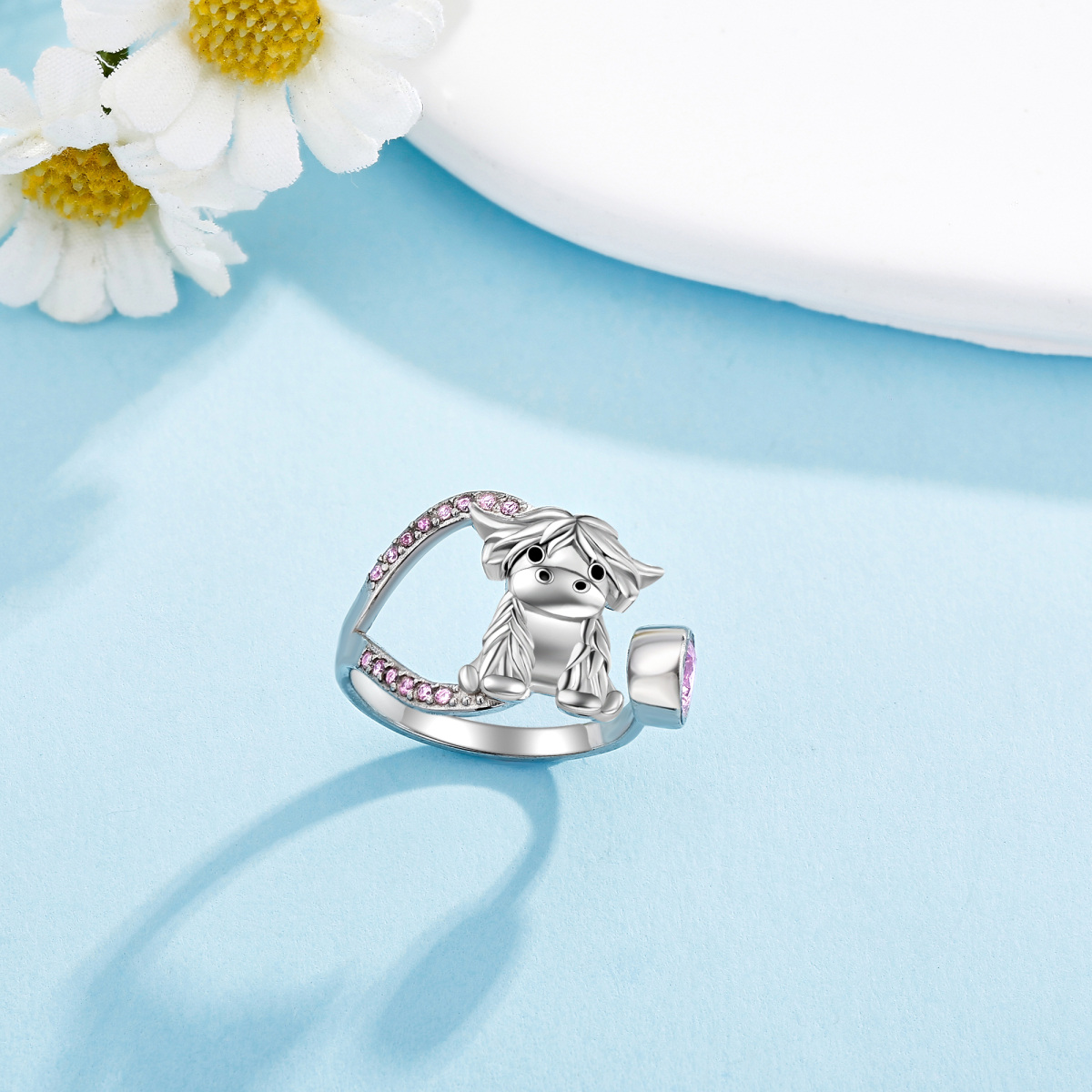 Sterling Silver Personalized Birthstone Highland Cow Open Ring for Women-3