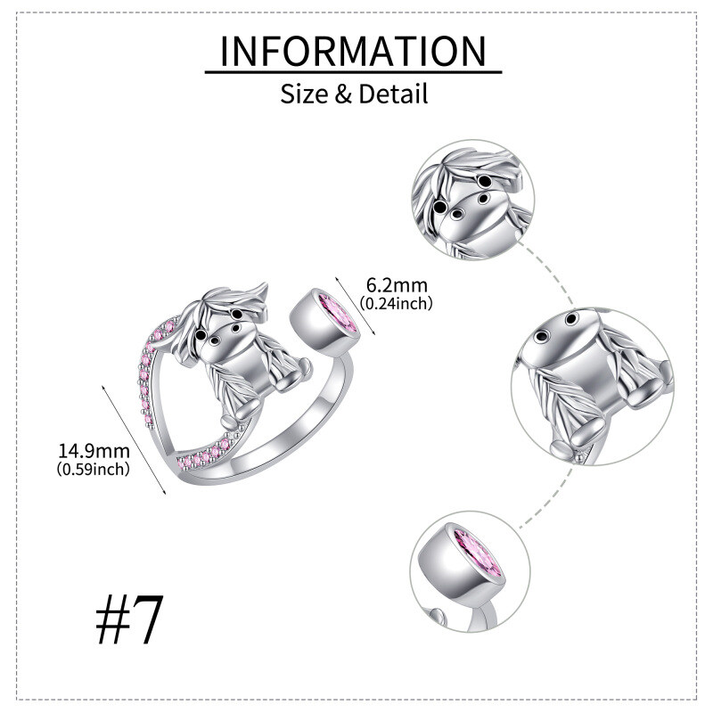 Anello aperto personalizzato in argento sterling con pietra portafortuna raffigurante una mucca delle Highlands, per donna-5