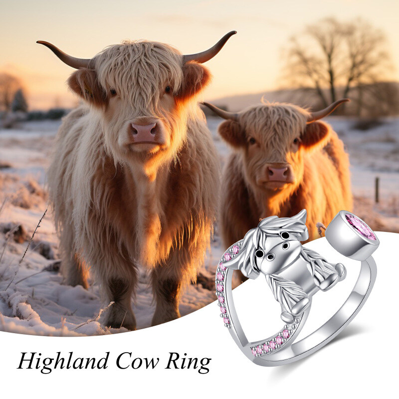 Anello aperto personalizzato in argento sterling con pietra portafortuna raffigurante una mucca delle Highlands, per donna-6
