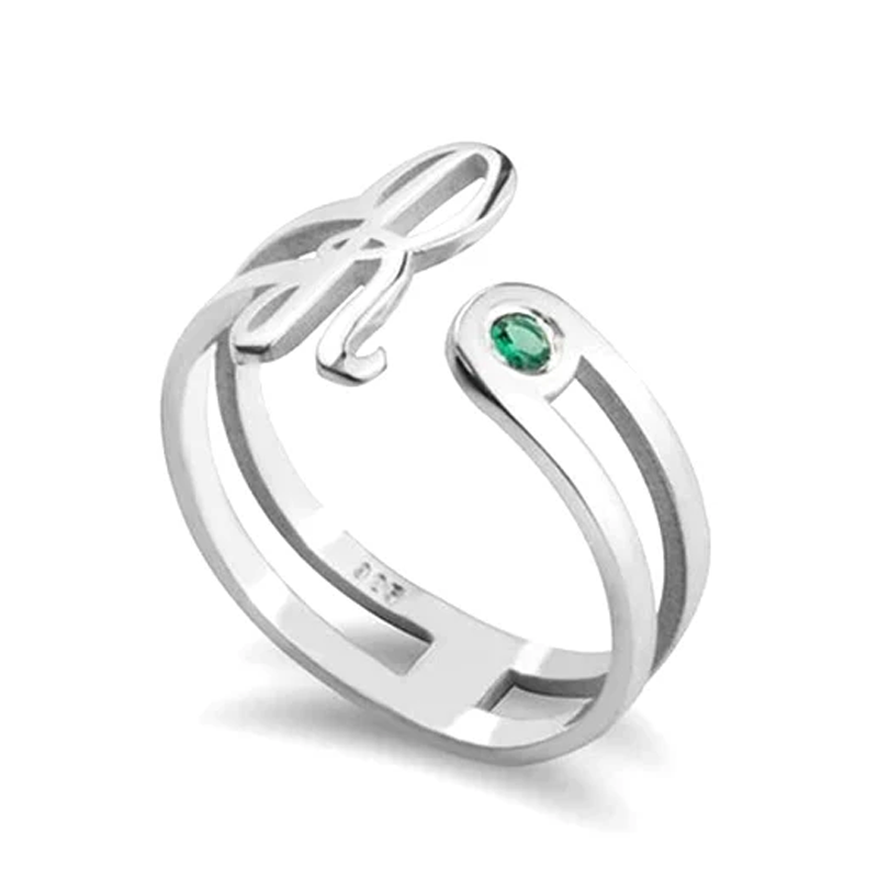 Plata de ley Circonio cúbico Piedra de nacimiento personalizada Letra inicial Anillo abier-1