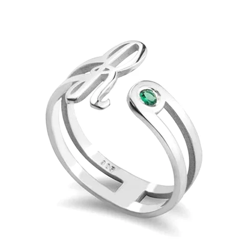 Bague ouverte en argent sterling avec pierre de naissance personnalisée et lettre initiale en oxyde de zirconium pour femme-1