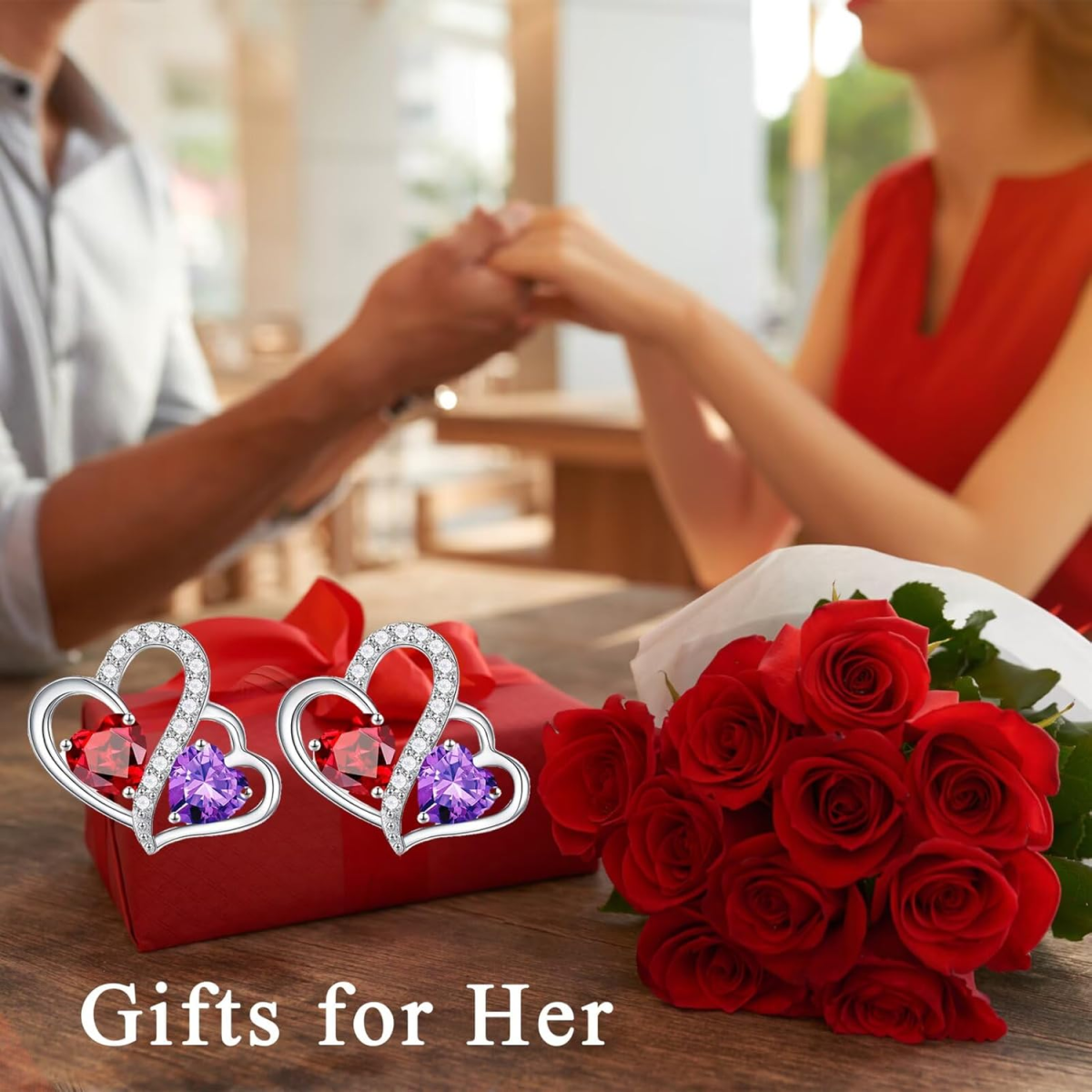 Pendientes de botón de plata de ley con forma de corazón, personalizados con piedra de nacimiento para madre y hermana-5