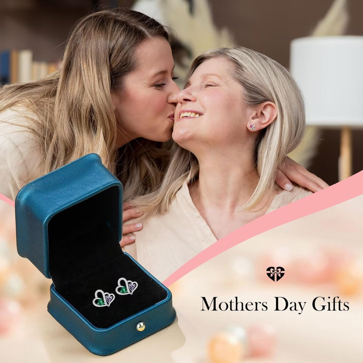 Pendientes de botón de plata de ley con forma de corazón, personalizados con piedra de nacimiento para madre y hermana-6