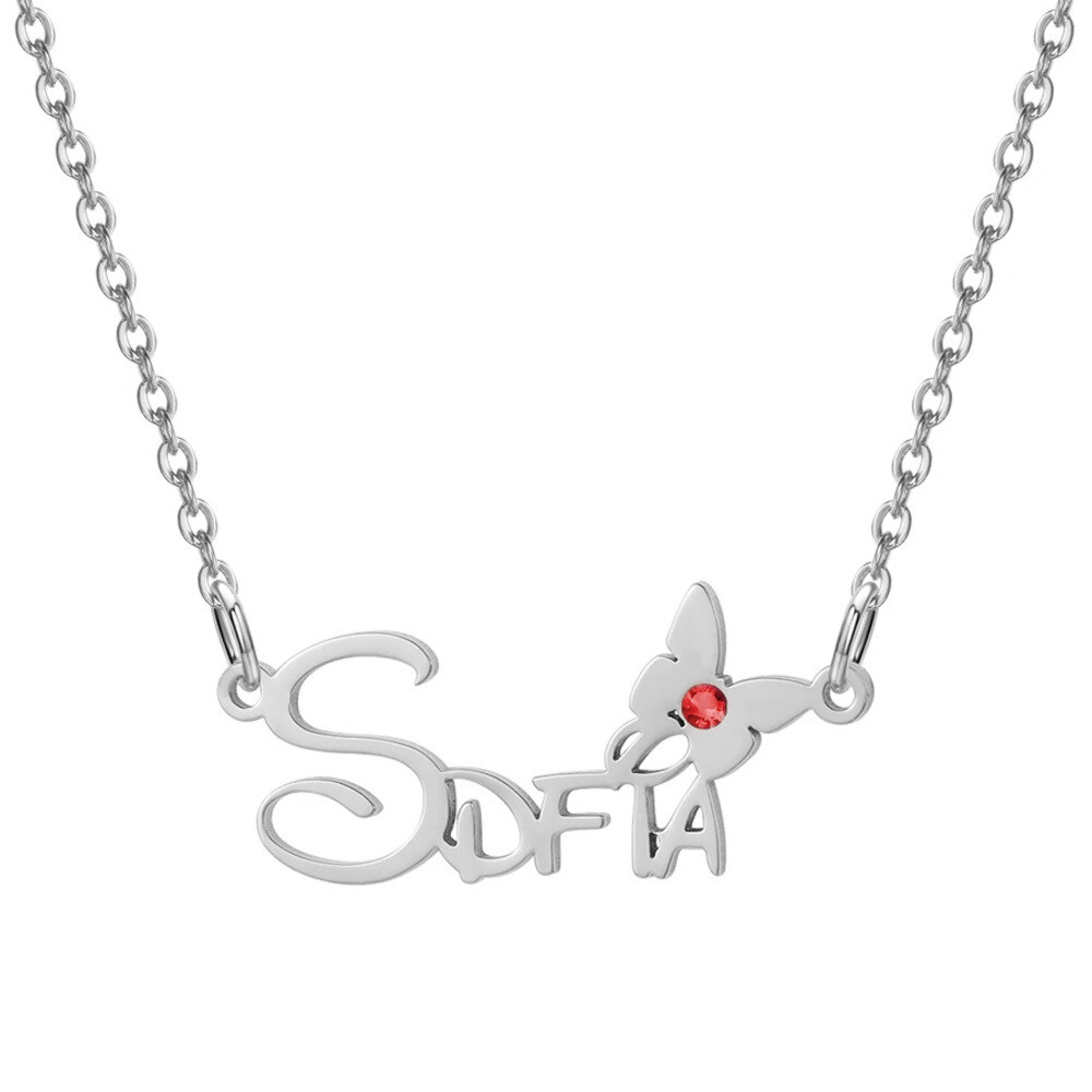 Sterling Silver Cubic Zirconia Personalized Birthstone Name Butterfly Pendant Necklace-1