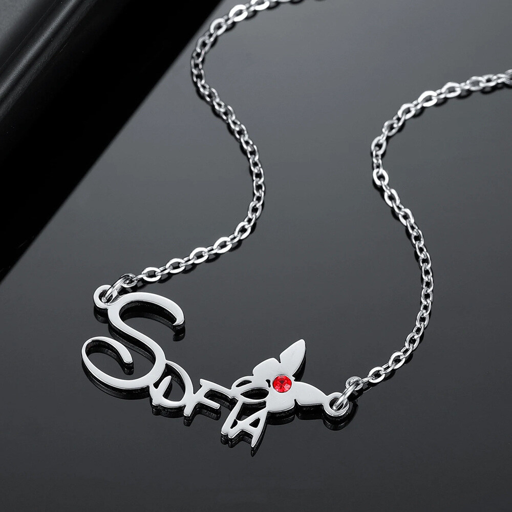 Sterling Silver Cubic Zirconia Personalized Birthstone Name Butterfly Pendant Necklace-2