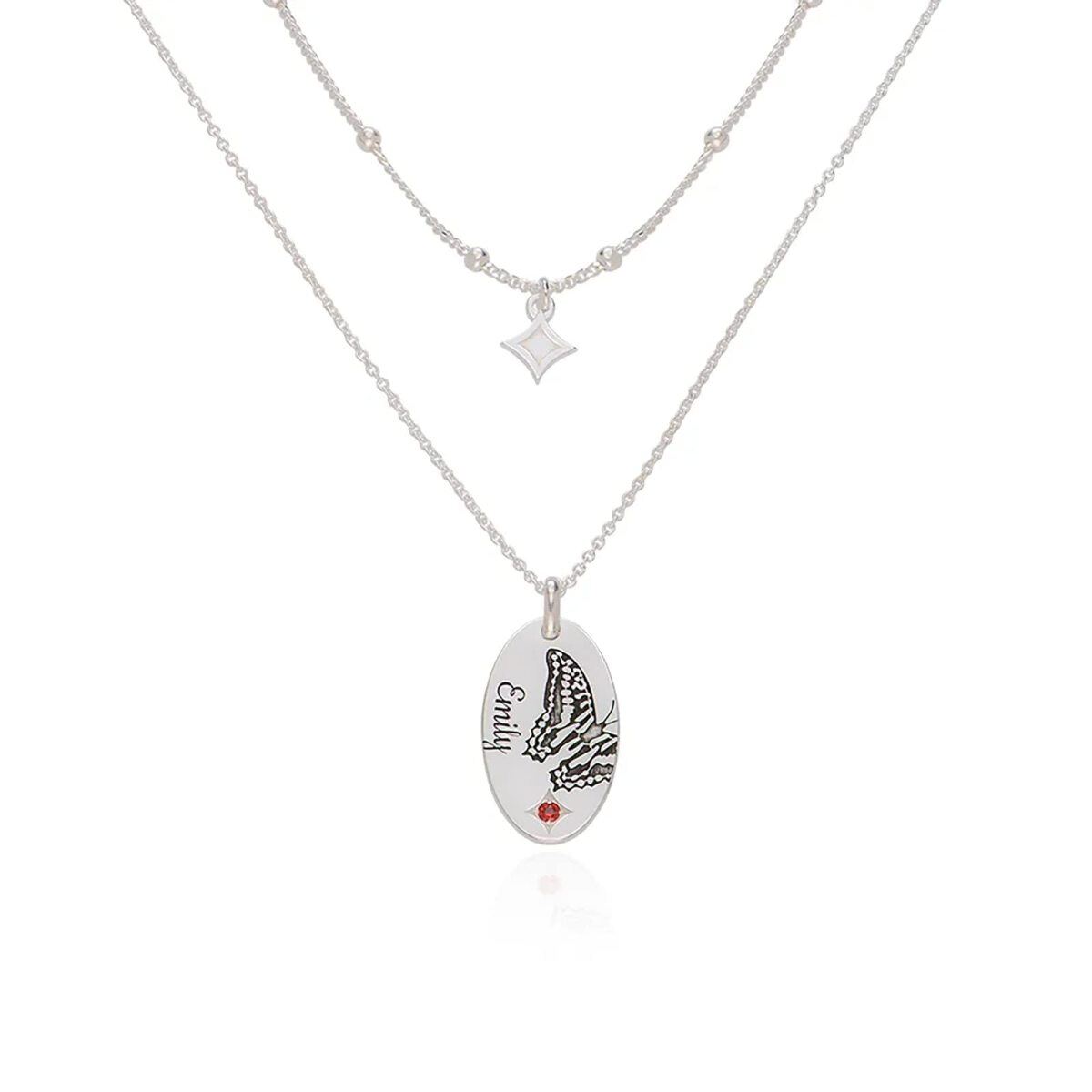 Collier superposé en argent sterling avec pierre de naissance personnalisée avec nom et étoile papillon-1