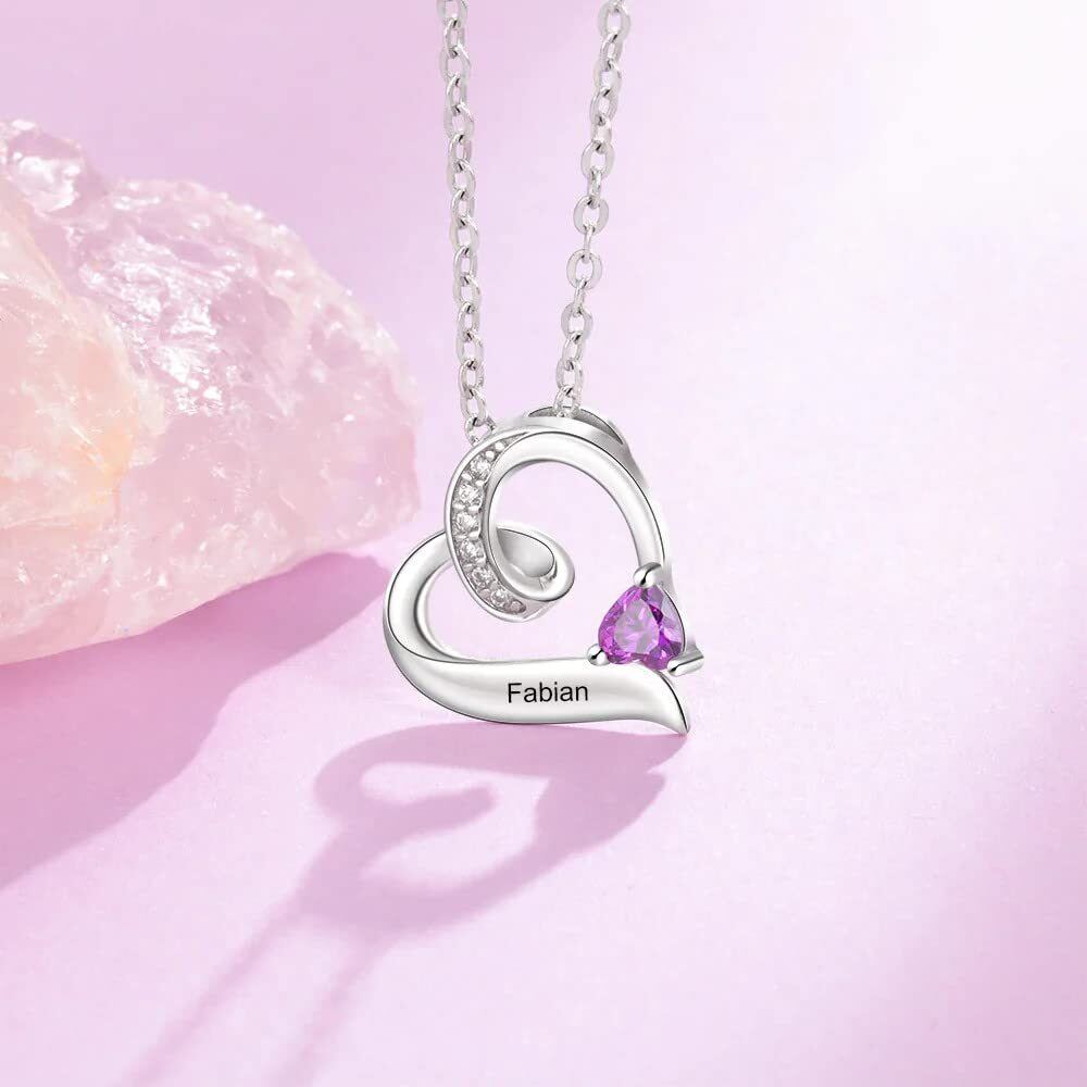 Sterling Silver Cubic Zirconia Personalized Birthstone Name Heart Pendant Necklace-3