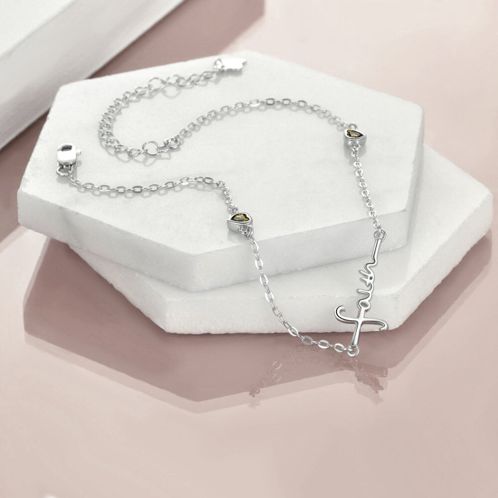 Sterling Silver Cubic Zirconia Heart Charm Bracelet-4