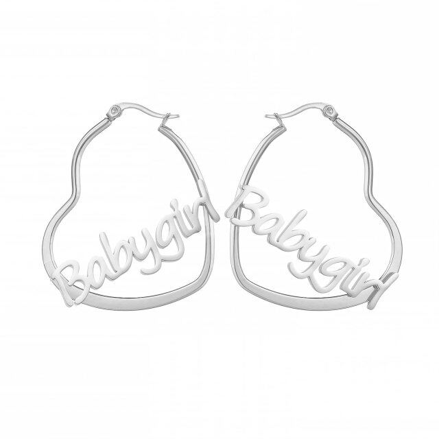 Sterling Silver Personalized Classic Name & Heart Hoop Earrings-1