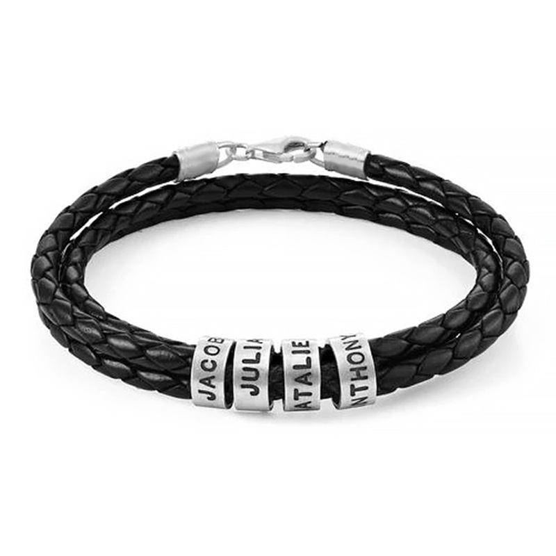 Pulseira masculina de couro com conta personalizada em prata esterlina 925-1