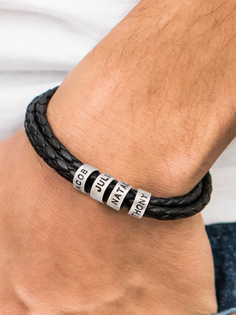 Pulseira masculina de couro com conta personalizada em prata esterlina 925-2