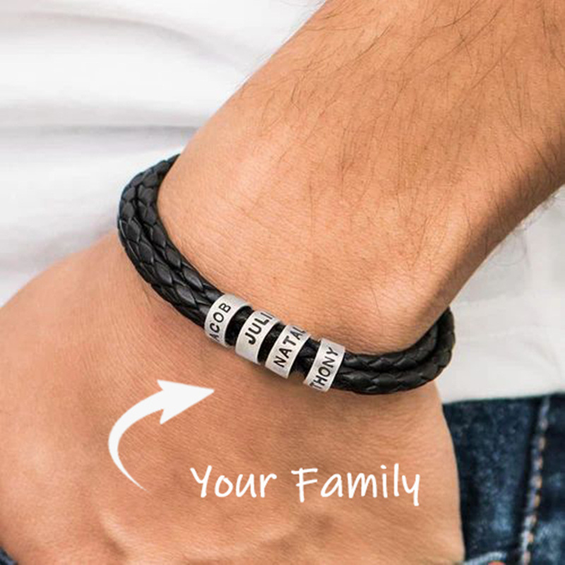 Pulseira masculina de couro com conta personalizada em prata esterlina 925-3