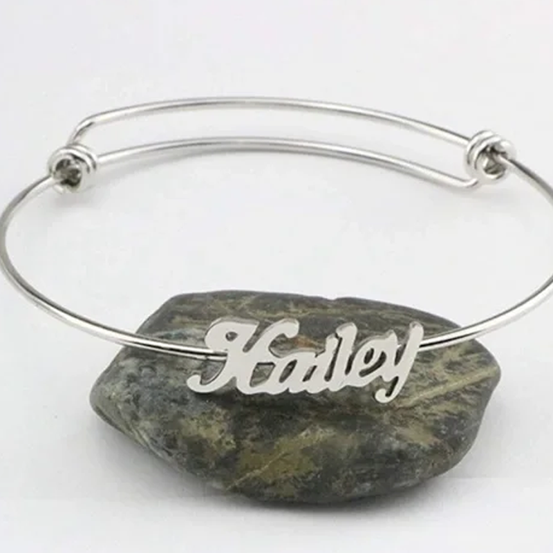 Sterling Silver Personalized Classic Name Pendant Bangle for Women-2