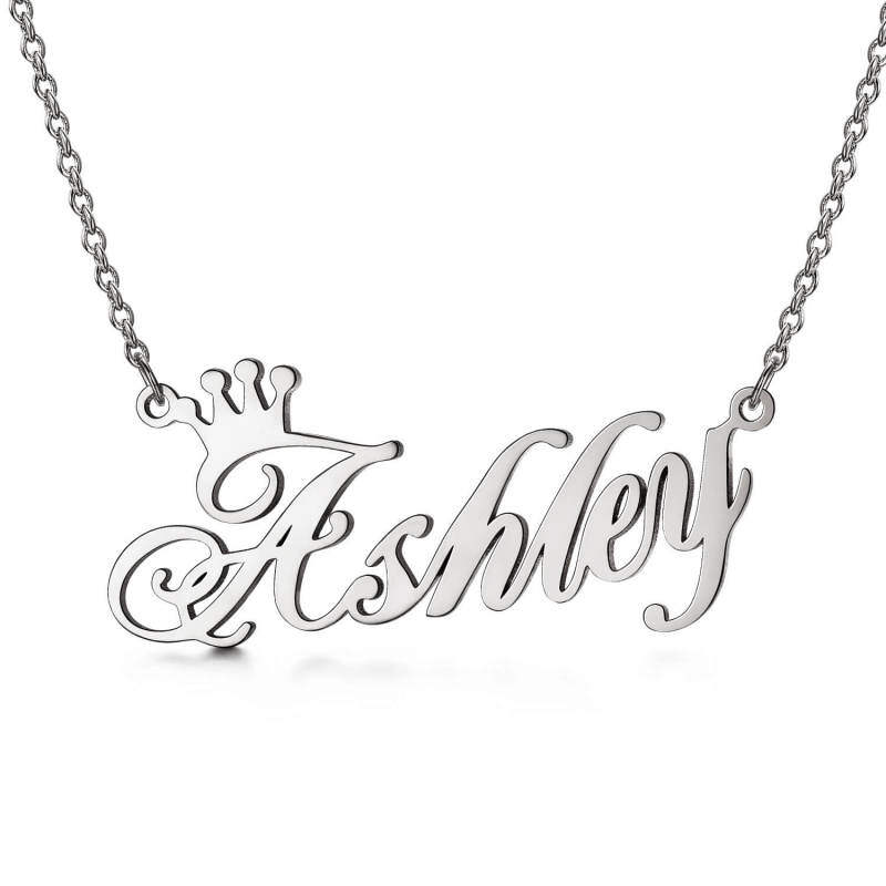 Sterling Silver With White Gold Plated Crown Personalised Classic Name Pendant Necklace For Women-8