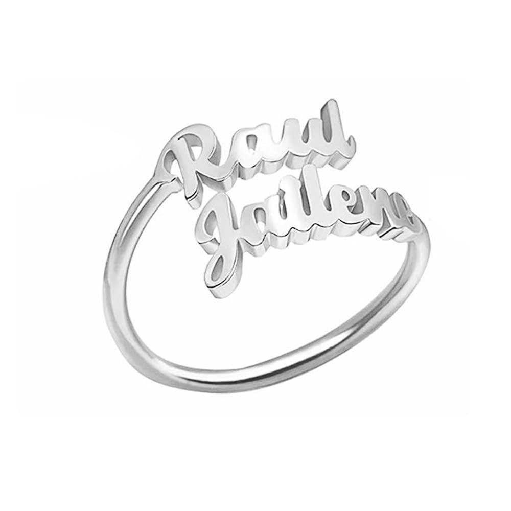 Anillo abierto ajustable personalizado con doble nombre en plata de ley para mujer-1