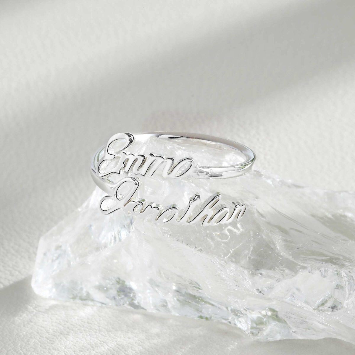 Anillo abierto ajustable personalizado con doble nombre en plata de ley para mujer-2