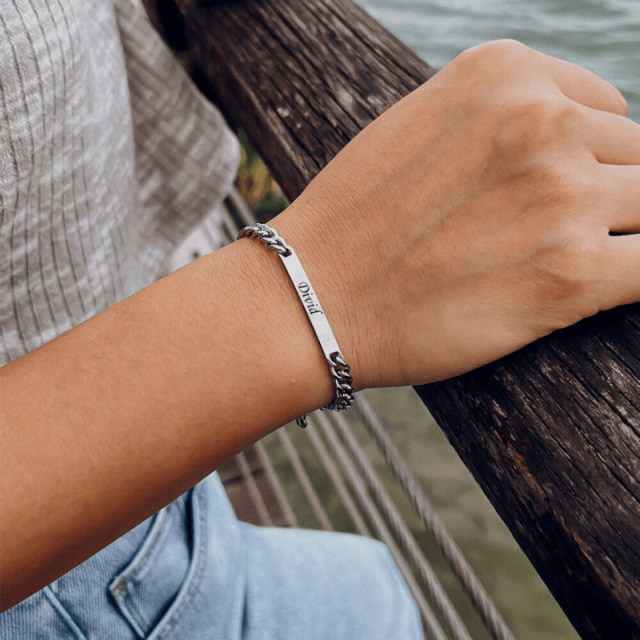 Sterling zilveren gepersonaliseerde gravure en bar identificatie armband-4