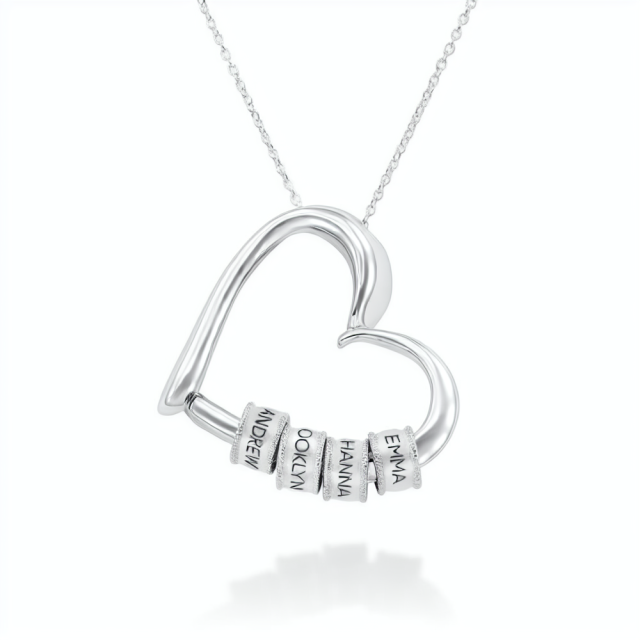 Sterling Silver Personalized Engraving Beads Custom Name & Heart Pendant Necklace-1