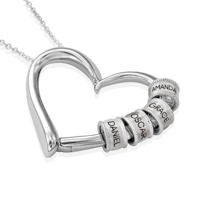 Sterling Silver Personalized Engraving Beads Custom Name & Heart Pendant Necklace-4