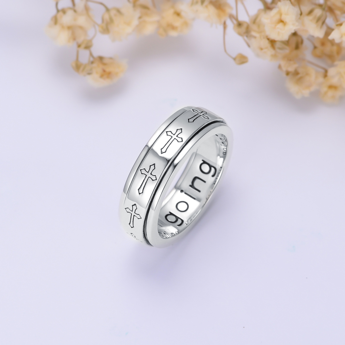 Bague en argent sterling avec gravure personnalisée et croix-4