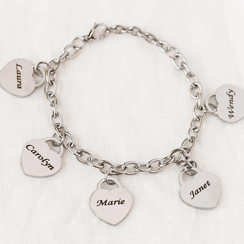 Sterling Silver Personalized Engraving & Heart Charm Bracelet-3