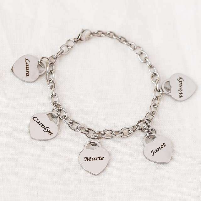 Sterling Silver Personalized Engraving & Heart Pendant Bracelet-3