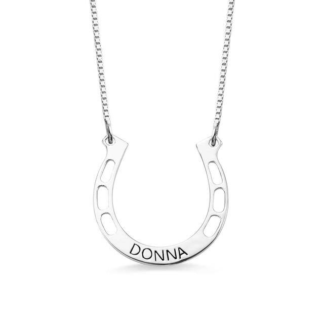 Sterling Silver Personalized Engraving & Horseshoe Pendant Necklace-2