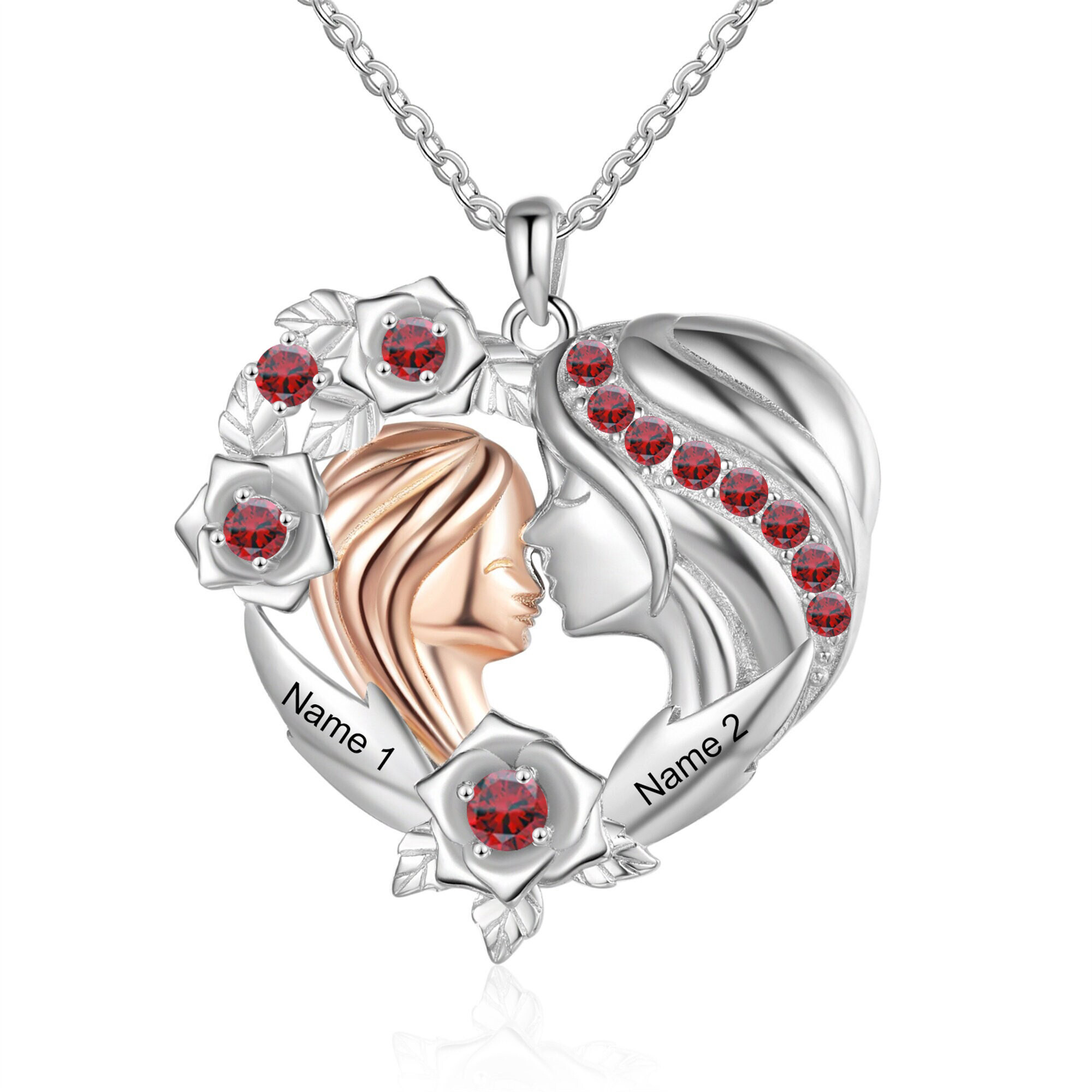 Sterling Silver Round Red Cubic Zircon Mother With Daughter Personalised Engraving With Birthstone Pendant Necklace For Women